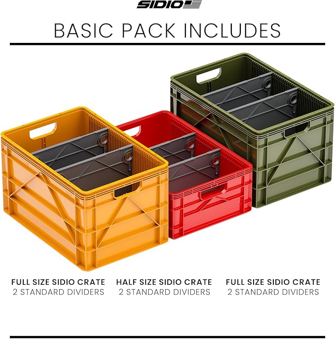SIDIO Crate Basic Pack - 2 Full-Size & 1 Half-Size Heavy Duty Stackable Storage Bins, Totes and Containers with Dividers - Durable Plastic Organizer for Home, Office, Garage, and Outdoor Use