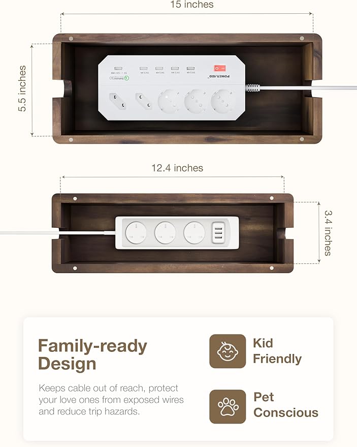 Acacia Large Cable Management Box - Set of 2 Cord Box Hider for Office - Cable Hider Box, Surge Protector Box for TV Wires, Desk - Power Strip Box with 2 Open Slots, Magnetic Lid (Walnut color)