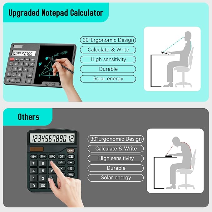 Calculator with Writing Pad - Solar & Battery Dual Power Supply - 12-Digit Large Display Calculator for Business and Office Use (Black)