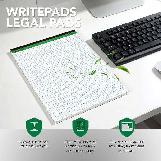 KAISA Graph Paper Legal Pads Writing Pads 600 Sheets Recycled Paper 8.5"x11.75" Quad Ruled 4x4 Perforated 50sheets/pad Grid Paper Notepads Writing Tablet White For Office Supplies (White 6pad, 8.5x11.75'')