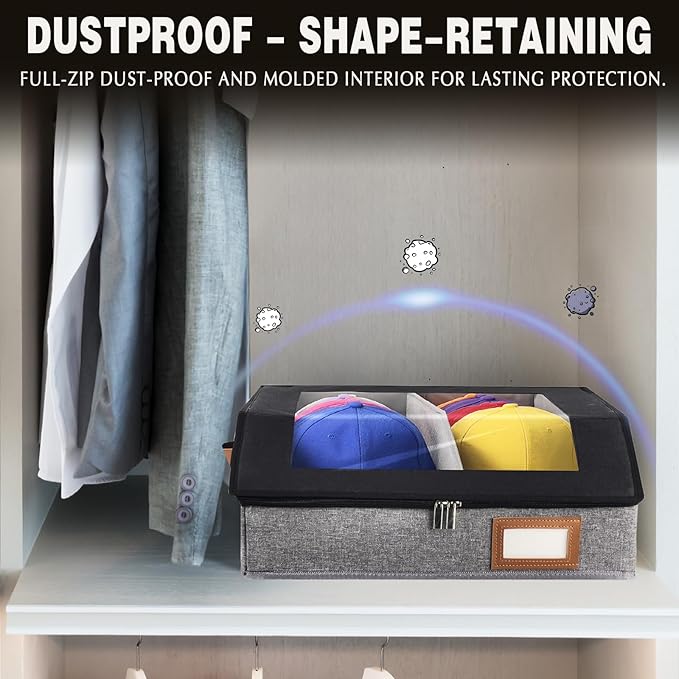 2-in-1 Hat Organizer for Baseball Caps Holds 24-30 Caps Hat Storage with Adjustable Divider Stackable Hats Holder for Closet with Clear lid Cowboy Hat Box for Men Women 1 PCS Black and Grey