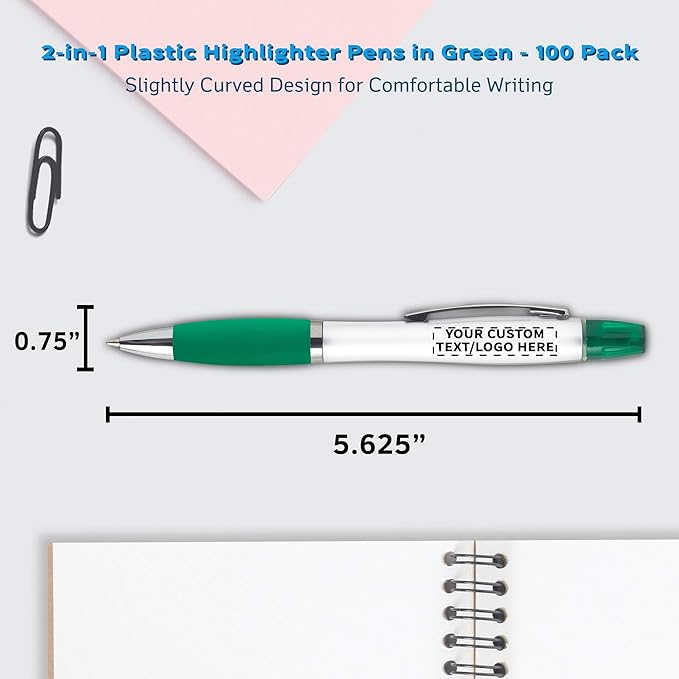 DISCOUNT PROMOS Personalized Plastic Highlighter Pens - 100 pack - Customizable Text, Logo - Green