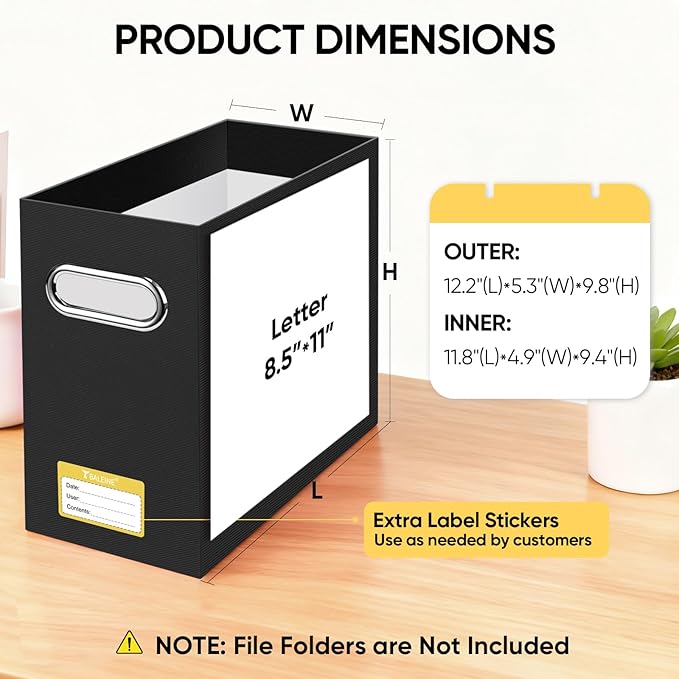 BALEINE File Organizer Box, Cardboard File Folder Organizer with Handle for Letter Size, Portable Collapsible Hanging Filing Box for Home Office Document Storage (4 Pack, Black)