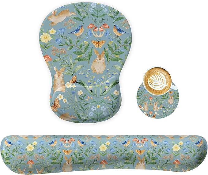 Mouse Pad Wrist Rest Support Keyboard Set Circle Coaster Gaming Mouse Pad Ergonomic Gel Memory Foam Set for Computer, Laptop, Office, Pain Relief, Comfortably Typing Rabbit KM-40