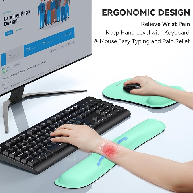 TECKNET Keyboard Wrist Rest and Mouse Pad with Wrist Support, Memory Foam Set for Computer/Laptop/Mac, Lightweight for Easy Typing & Pain Relief Ergonomic Mousepad (LT.Green)