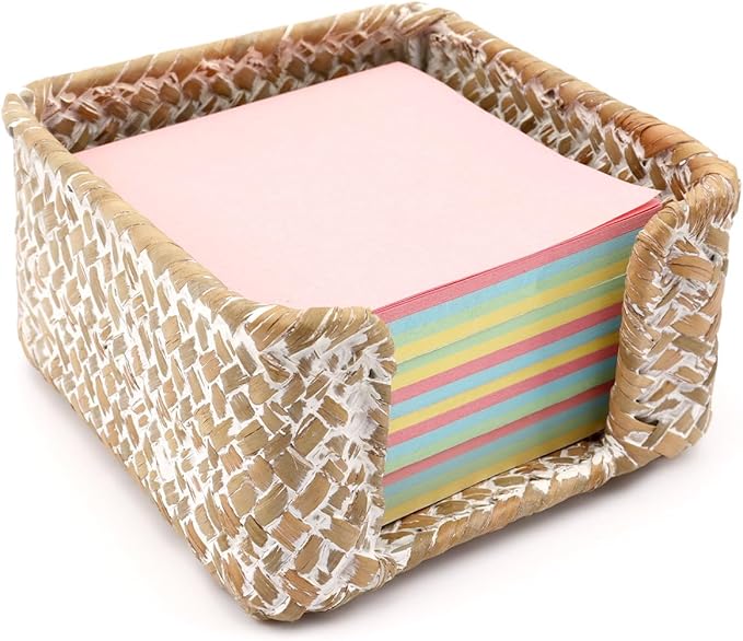 Sticky Note Holder Seagrass Post It Note Dispenser, 3 x 3 Inch Woven Sticky Note Dispenser, Farmhouse Post It Holder for Desk Home Office Decor, Whitewash