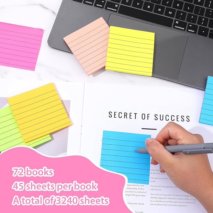 72 Pack Lined Sticky Notes 3x3 in Bright Ruled Post Stickies Colorful Super Sticking Ruled Stickies Multi Colors Sticky Notes with Lines Self-Stick Note Pads Bright Colors for School Office Meeting