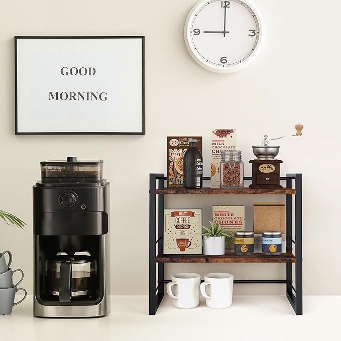 Office Desk Shelf Organizer, Wood Desktop Bookshelf Supplies Storage Rack, Shelf for Top of Desk and Dresser (Brown-2 Tier)