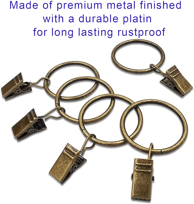 AMZSEVEN 100 Pack Curtain Rings with Clips, Drapery Clips with Rings, Drapes Rings 1.26 in Interior Diameter, Fits up to 1 in Curtain Rod, Bronze