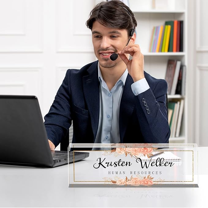 Custom Name Plate for Desk, Desk Name Plate Personalized, Office Decor for Women Men, Acrylic Desktop Accessories, Office Gifts for Coworkers Boss Teacher, Employee Appreciation Gifts (Flowers D)