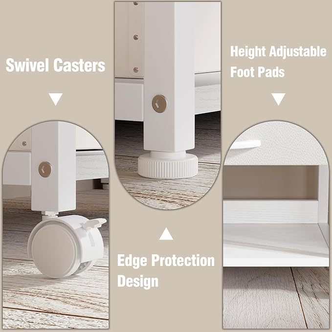 Large Printer Stand with Storage Fabric Drawer Under Desk Printer Table with Wheels for Home Office, Printer Cart fit Fax Machine Scanner (White, 3 Tiers)