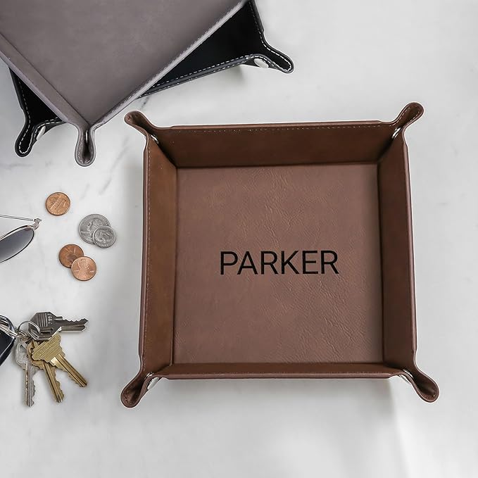 Lifetime Creations Personalized Valet Tray (Gray) - Custom Engraved Vegan Leather Snap Catchall, Gifts for Groomsmen