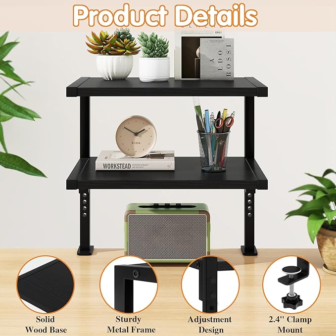 IBUYKE Clamp on Desk Organizer Shelf,12.9 inches Desk Extender Shelves, Above or Below Desk 2-Tier Adjustable Storage Shelves for Desktop Accessories,Black,TMZ007B