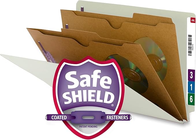Smead 100% Recycled End Tab Classification File Folder with SafeSHIELD Fasteners, 2 Pocket-Style Dividers, 2" Expansion, Legal Size, Gray/Green, 10 per Box (29710)