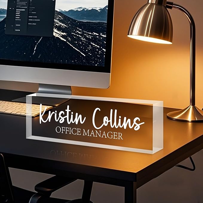 Custom Name Plate for Desk, Personalized Name Plate on Clear Acrylic Glass, Appreciation Gifts for Teacher Employee Boss Coworkers Nurse, Office Desk Accessories for Women Men (Engraved Elegant)