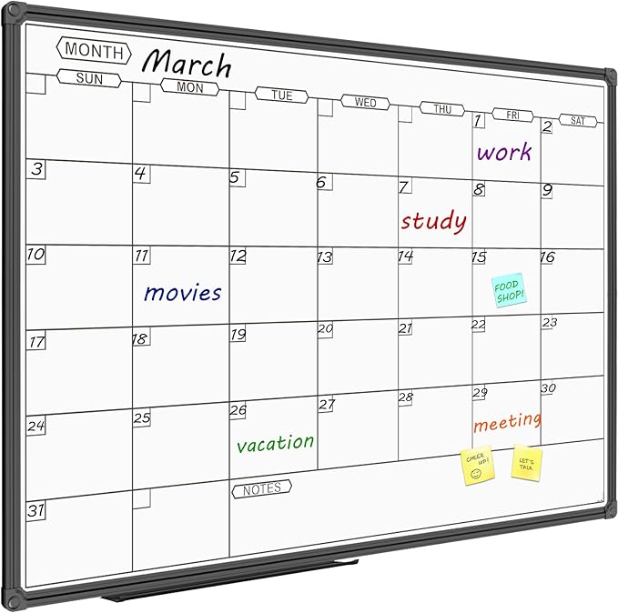 JILoffice Dry Erase Calendar Whiteboard - Magnetic White Board Calendar Monthly 36 X 24 Inch, Black Aluminum Frame Wall Mounted Board for Office Home and School