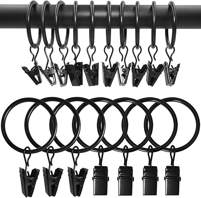 AMZSEVEN 100 Pack Curtain Rings with Clips, Drapery Clips with Rings, Drapes Rings 1.26 in Interior Diameter, Fits up to 1 Inch Curtain Rod, Black