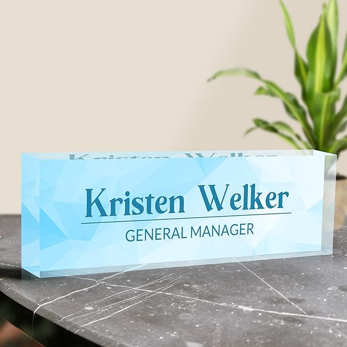 Personalized Desk Name Plate, Custom Acrylic Glass Name Plates for Desks, Office Desk Decor Nameplate, Desk Accessories, Teacher Boss Coworkers Employee Appreciation Gift (Modern Blue)
