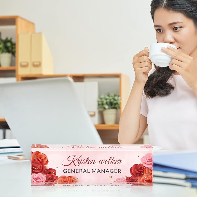 Personalized Name Plates for Desk, Premium Clear Acrylic Desk Name Plate, Custom Name Plate Office Decor for Women, Employee Appreciation Gifts (Red Rose)