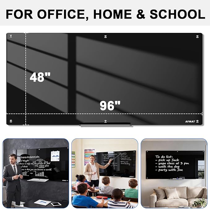AFMAT Magnetic Glass Whiteboard, 96" x 48" Glass Dry Erase Board, 4mm Tempered Glass w/Strong Magnetic Surface, Large White Board for Wall, Frameless Wall Mounted Black Board for Office Home School