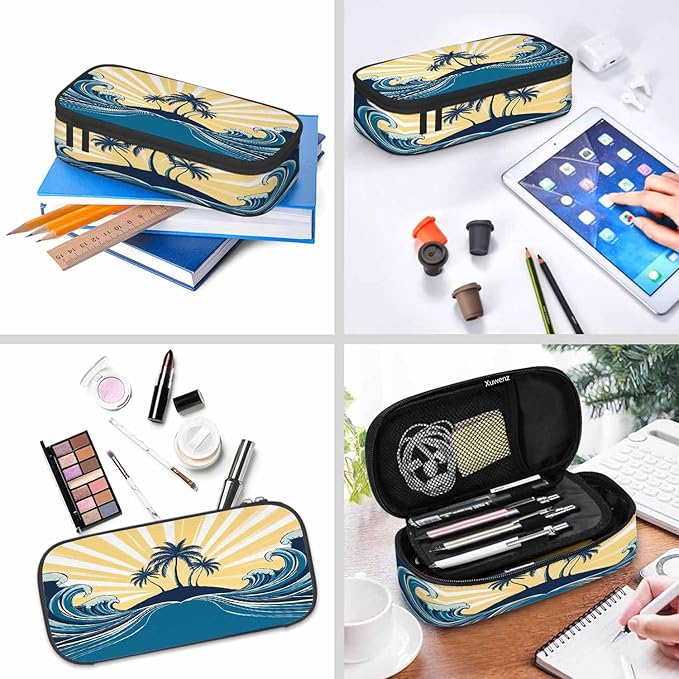 Tropical Beach Pencil Case Organizer Palm Trees Sunlight Blue Stationery Box Makeup Box School Supply for Boy Girl Men Women