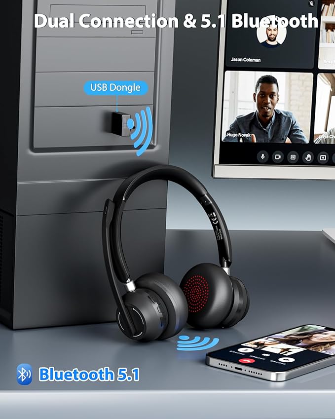 Blue Air Wireless Headset with Mic for Work, Bluetooth 5.1 Headphones with Noise Canceling Microphone, USB Dongle, 45H Playtime, Clear Calls & Mic Mute for PC, Laptop, Call Center, Teams, Black