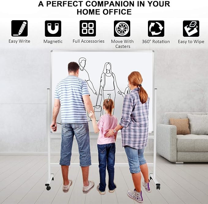 H-Qprobd 60"x48" Mobile Whiteboard Double-Sided Magnetic Dry Erase Board on Wheels - Comercial Rolling White Boards with Sturdy Stand for Home, Office & School