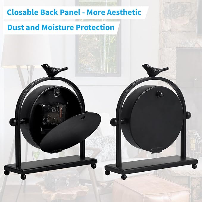 MODE HOME Silent Battery Operated Black Metal Analog Desk Clock with Bird, Small Table Clock for Farmhouse Decor, Mantel Shelf, Home and Living Room