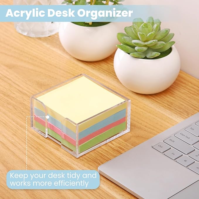 Acrylic Sticky Note Holder, 3 x 3 Inch Crystal Clear Sticky Notes Dispenser, Self Stick Note Pad Holder, Desk Organizer Accessories for School Office Dorm
