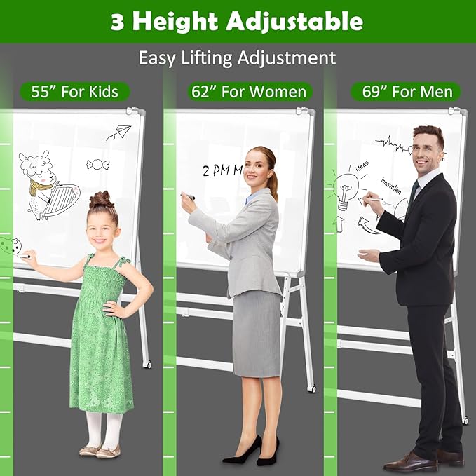 Double-Sided Magnetic Rolling Whiteboard, 48x36 Dry Erase Board - Adjustable Height & Width, A-Frame Foldable Easel Stand on Wheels