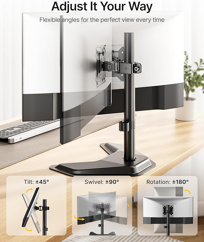 monTEK Stable Single Monitor Stand, Freestanding Monitor Arm for 17 to 32 inch & 22lbs Capacity Screen, Adjustable Height Desk Mount with Swivel and Tilt, VESA 75x75/ 100x100mm