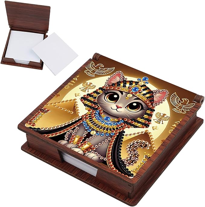 Wooden DIY Egyptian Cat Diamond Art Notecard Box – DIY Gem Art Sticky Note Holder for Adults 160 Sheets Memo Pad Storage