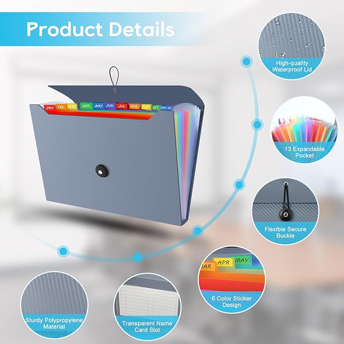 Accordion File Organizer, Expanding File Folder for Sorting Documents and Papers, 13 Pockets File Storage Organizer for Home, Travel and Office Use (Blue)