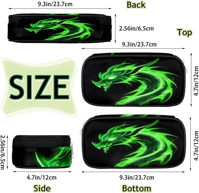 Pardick Pencil Case for Girls Boys Green Dragon Pencil Pouch Kids Teen Pencil Bags with Zipper PU Leather Pencil Organizer School Pencil Box Marker Case Organizer