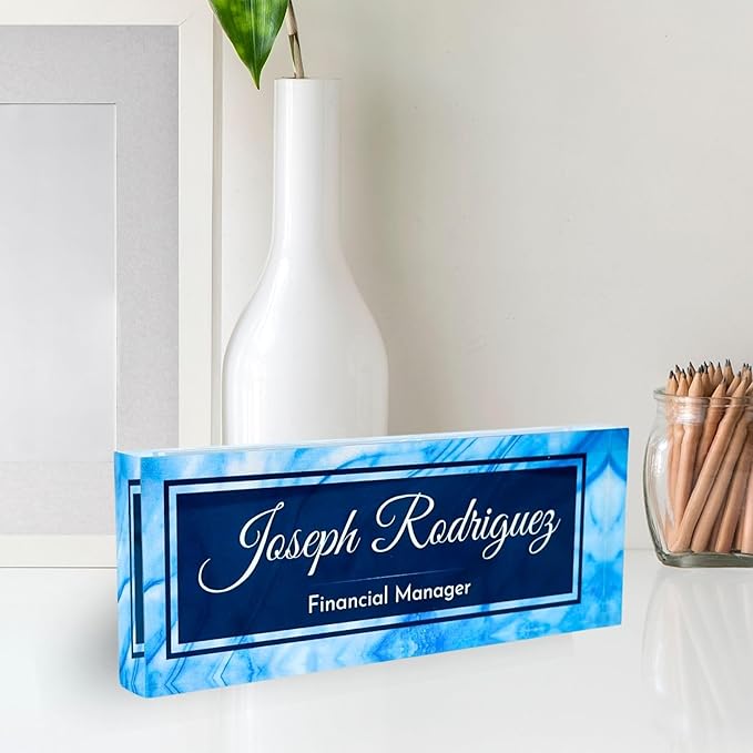 Customized Clear Acrylic Thick 8x3" Desk Name Plate Block with Personalized Logo - Professional Office Decor - Customized Acrylic Plate Gift for Teacher Co-workers, Christmas Gifts for Her, Thanksgiving Gifts (Blue Wave)