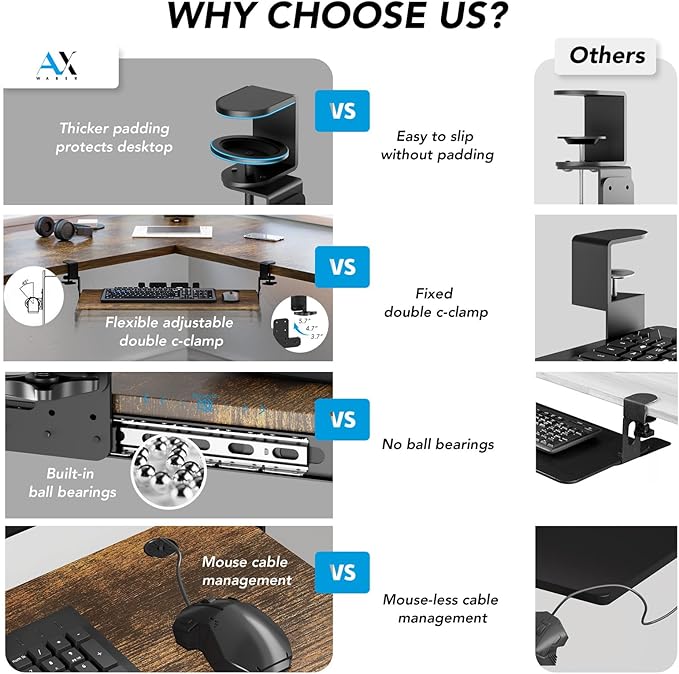 AX WABER Keyboard Tray Under Desk Pull Out with Extra Sturdy C Clamp Mount System, 27.3 (32.5 inch Including Clamps) x 11 Inch Slide-Out Platform Computer Drawer for Typing Vintage AX01WG02