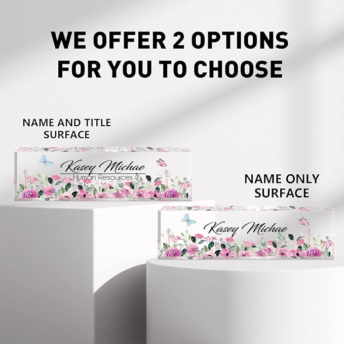 SalaGraphics Desk Name Plate Personalized, Custom for Desk, Office Decor Women Men, Acrylic Accessories, Gifts Coworkers Boss Teacher, Employee Appreciation (Flowers B) 8”(L)x2.5(W)