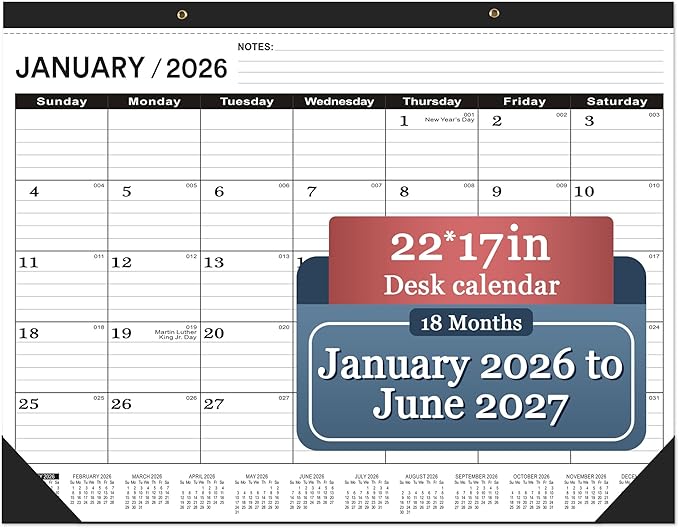 Desk Calendar 2026(January 2026 - June 2027)，2026 Desk Calendar Large 22 x17，2026 Calendar,Classic Black,Large Calendar 2026-2027 with Plastic Cover