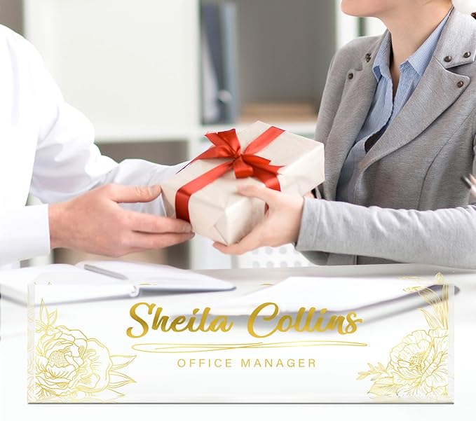 Custom Acrylic Name Plate for Desk, Employee Appreciation Gifts, Office Decor, Personalized with Gold Flowers