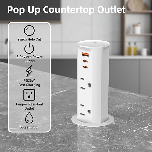 ANNQUAN 2 inch Pop Up Outlet for Countertop with 20W USB Ports,2 Outlets Tamper Resistant,Splashproof Pop Up Socket,Desk Power Grommet for Home Office Kitchen 3FT Cord (ETL Listed)