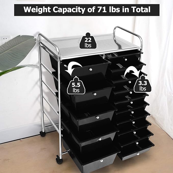 ARLIME 15-Drawer Storage Cart, 15 Drawer Trolley, Rolling Organizer Cart, Scrapbook Paper Organizer, Suitable for Office and School, Rolling Office Storage Tools (Black)