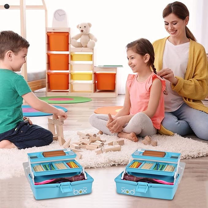 12in 3-Layer Plastic Craft Organizers and Storage, Portable Folding Tackle Box with Handle & Adjustable Dividers, Multipurpose Case for Sewing, Art Supplies, Medicine, Tools (Blue)