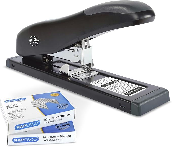 Rapesco 1307 ECO Heavy-Duty Stapler with 2000 Staples Type 923/10mm (3/8"), 100 Sheet Capacity, Uses Type 923 (1/4" to 1/2") and Type 24 High-Capacity (1/4" and 5/16") Heavy-Duty Staples, Black