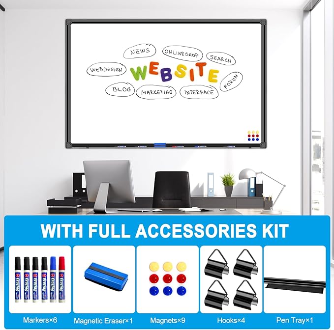 H-Qprobd 48"x24" Magnetic White Board Dry Erase Wall Mount Whiteboard - Office Home Classrooms White Board Hanging Writing Board with Black Aluminum Frame