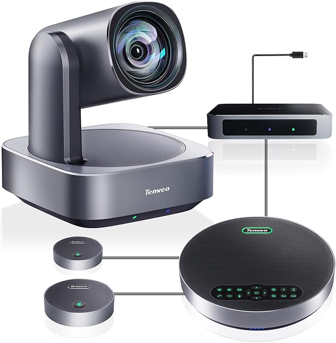 Tenveo 4K PTZ Conference Room Camera System, AI Auto-Tracking 12X Optical Zoom USB3.0 HDMI PTZ Camera and Bluetooth Speakerphone with 2 Expansion Mics Kit Wide Angle for Large Room Meetings