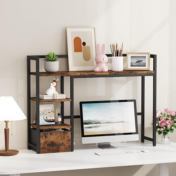 Marbrasse Desk Shelf with Drawer, 40" Desk Hutch for Computer Monitor, Wooden Desktop Bookshelf Storage Rack for Home Office Dorm - Dark Brown