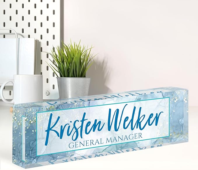 Name Plate for Desk, Desk Name Plate Personalized, Office Decor for Women Men, Acrylic Desktop Accessories, Office Appreciation Gifts for Boss Social Workers Nurse Teacher Employee (Blue Marble)