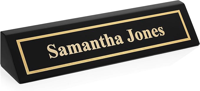 Providence Engraving Personalized Wood Desk Name Plate for Office with Custom Laser Engraved Piano Finish Desk Wedge in Black, 2X8