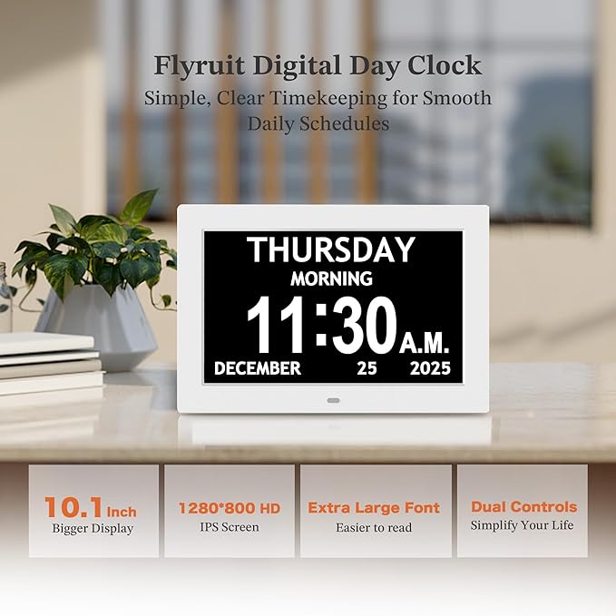 10.1'' Extra Large Digital Clock, 1280*800p HD Display, Dementia Clock For Seniors, Digital Clock With Date, Time, Day Of Week, 10 Reminders & 6 Alarms, Auto Dimming & DST, Remote Control, White
