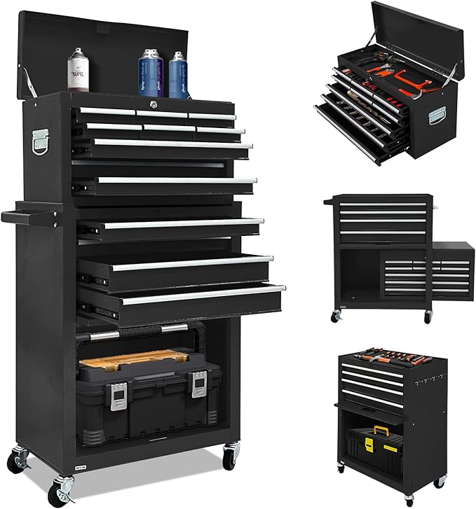 13-Drawer Tool Chest with Tool box and wheels, Large Detachable Tool box with Sliding Drawers, Mechanic Storage Cabinets, Metal Tool Cart for Garage Workshop (BLACK)
